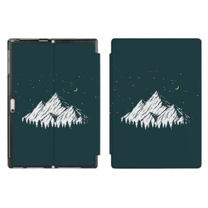 May include: A dark green tablet case featuring a white mountain range design and a crescent moon. The case has a starry night sky background.