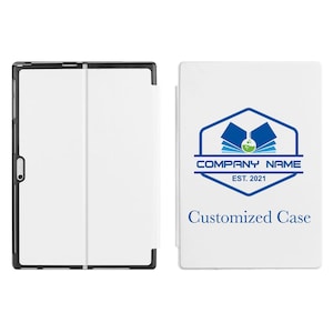 May include: White tablet case with a black border. The case features a blue and white logo with the text "COMPANY NAME EST. 2021" and the words "Customized Case" printed on the back.
