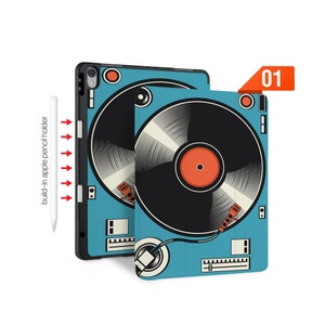 May include: A blue and black iPad case with a vinyl record design. The case has a built-in Apple Pencil holder and a cutout for the camera lens.