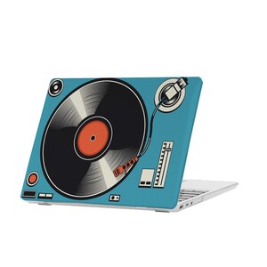 May include: A blue laptop skin with a vintage record player design. The record player has a black vinyl record with a red center label and a white needle arm.