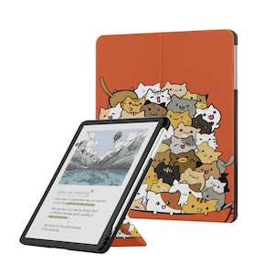 Könnte beinhalten: Eine orangefarbene Tablethülle mit einem großen Haufen gezeichneter Katzen in verschiedenen Farben und Gesichtsausdrücken. Die Hülle steht aufrecht, während ein Tablet eine Berglandschaft und den Text Notes on creativity anzeigt.