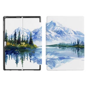 May include: A watercolour painting of a mountain range reflected in a lake. The mountains are snow-capped and the lake is a light blue colour. The painting is on a white background.