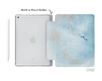 iPad  soft TPU clear back smart cover with build-in apple pencil holder for 2023 Pro 11 Pro 12.9 mini 6 5 air 10.9 iPad 10.9 10.2 9.7 marble