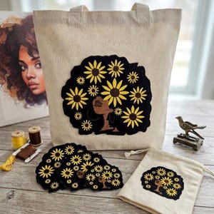 Toppa ricamata con silhouette di girasole, motivo floreale per capelli afro, decalcomania termoadesiva