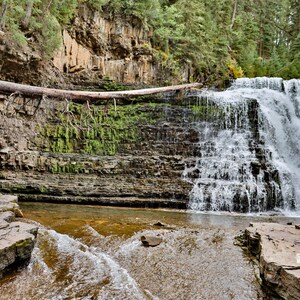 May include: A scenic waterfall cascades over layered rock formations into a clear pool. The image features a fallen tree and lush green vegetation, creating a natural and serene landscape. The water flows rapidly, creating a refreshing and dynamic scene.