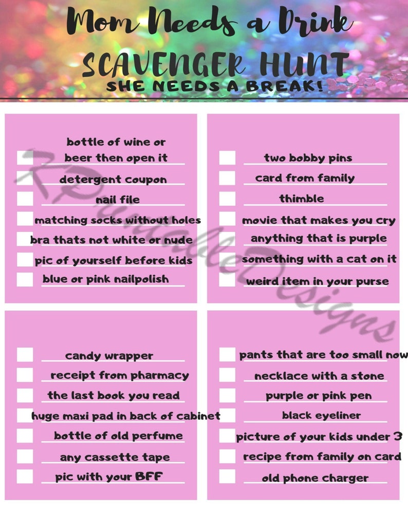 mom needs a drink scavenger hunt printable game pdf etsy