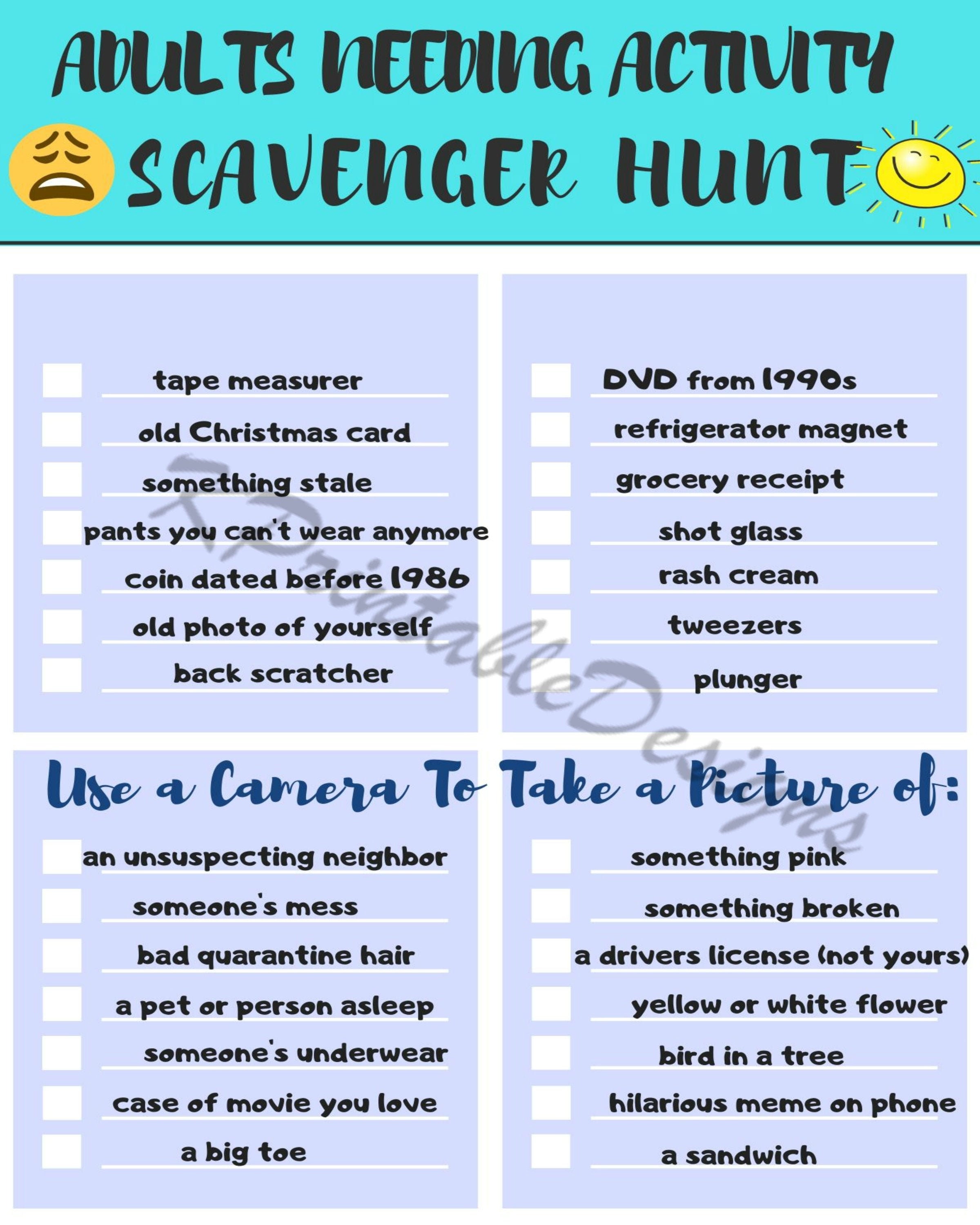 Adults Needing Activity Scavenger Hunt PDF,adult games,scavenger hunt  ideas,games,fun games,quarantined,adulting,family,activities,mom,dad