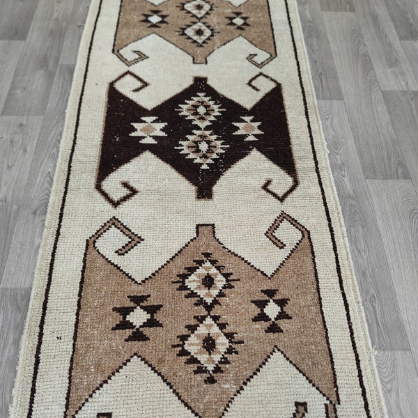 Tribal Vintage Runner 3x12, Turkish Runner, Hallway Rug Runner, Herki Soft Runner, Oriental Rug, Handmade Wool Runner, Beige Brown Runner