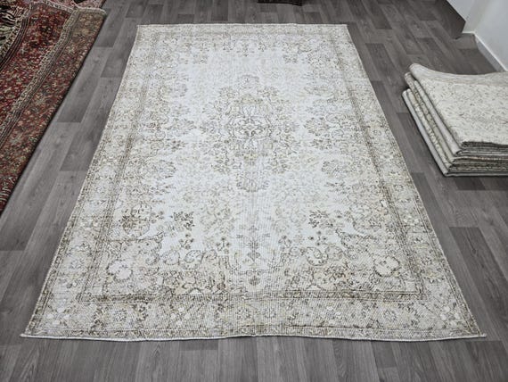 Neutral Rug, Hand Knotted Wool Low Pile Rug 7x10, Tribal Rug, Vintage Area Rug, Living Room Rug, Turkish Rug, Anatolian Oushak Rug,Muted Rug