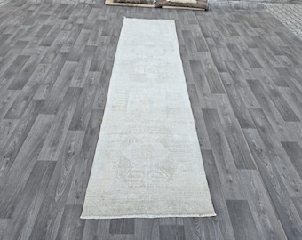 Neutral Vintage Soft Runner 3x12, Turkish Runner Beige, Oriental Runner 3x12, Muted Oushak Runner, Hallway Runner Rug, Kitchen Runner, Boho