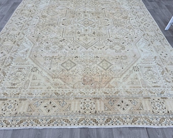 10x12 Vintage Rug Neutral, Turkish Area Rug 10x13, Rug For Living Room, Oriental Antique Rug, Beige Brown Blue Rug, Muted Oushak Rug Natural