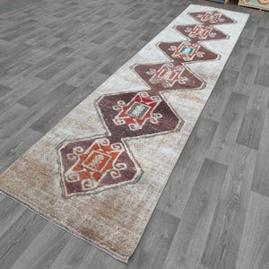 LONG RUNNER 3X14 FT, Turkish Vintage Runner, Stair Runner 3x15, Handmade Wool Runner, Neutral Runner, Oriental Runner, Muted Oushak Runner