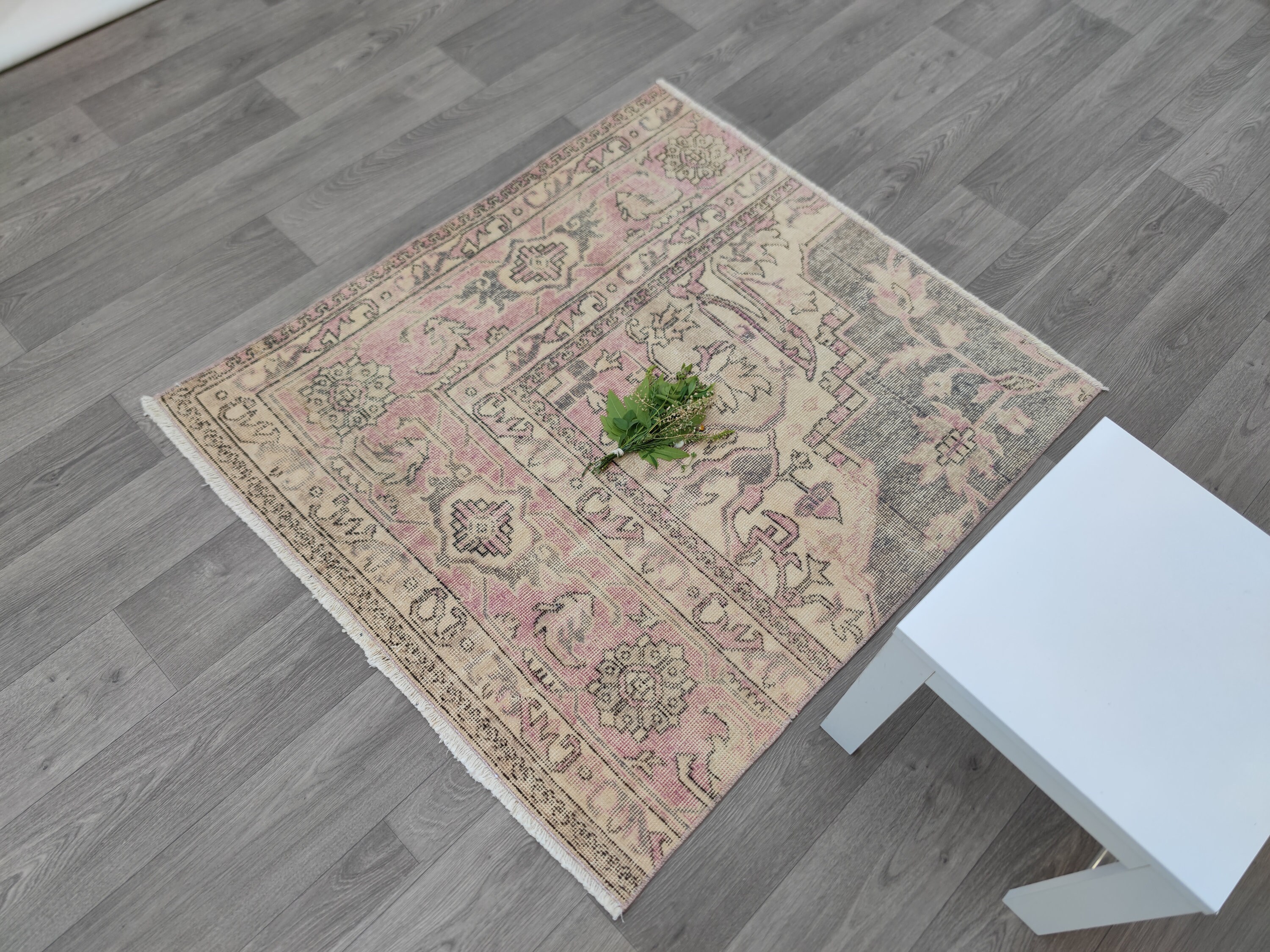 3x4 Vintage Small Square Rug, Entryway Rug 41.74x46.47 inch, Faded Rug 4x4, Door Mat, Bath Mat, Handmade Wool Rug, Gift Rug, Kitchen Rug