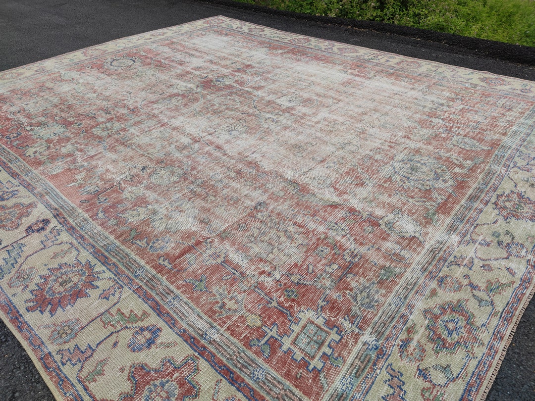 12x15 Ft Extra Large Oushak Vintage Rug, Beige Pale Red Pale Blue Faded
