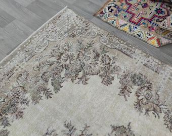 7x10 Rug Wool, Neutral Vintage Rug 7 x 10 feet, Turkish distressed rug, Oushak rug, Living room carpet, Faded tones rug, Large area rug