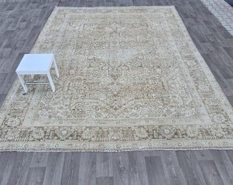 Heriz Rug 10x12, Vintage Neutral Rug, Oriental Antique Wool Rug, Living Room Rug, Oversized Area Rug, Bedroom Rug, Muted Oushak Rug,Pale Rug