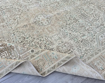 10x12 Area Rug, Kashan Rug, Neutral Vintage Rug 10x12, Rug For Living Room, Beige Brown Green Rug, Heriz Rug, Handmade Wool Rug, Oriental