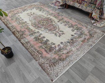 6X10 VINTAGE Teppich, Blasse Farbe Grün Beige Rosa Teppich, Türkischer Teppich, Schlafzimmerteppich, Orientteppich, Verblasster Teppich, Natürlicher Teppich