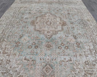 Persian Rug Heriz 10x12, Neutral Vintage Rug, Living Room Rug, Oriental Antique Rug, Dining Room Rug, Handmade Wool Rug, Oversized Area Rug