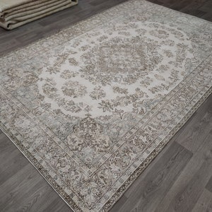 7x10 Rug, Turkish Vintage Rug, Beige Area Rug, Neutral Rug, Handmade Wool Rug, Living Room Rug, Bedroom Rug, Muted Oushak Rug, Pale Rug