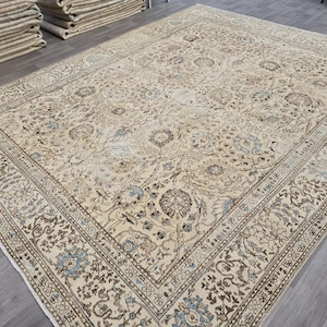 10X12 RUG 10X13 VINTAGE, Persian Area Rug, Rug For Living Room, Oriental Antique Rug, Beige Blue Rug, Natural Wool Rug, Oversized Rug Muted