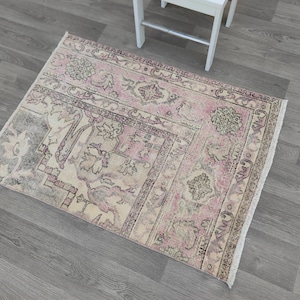 3x4 Rug, Pastel Door Mat, Pale Small Rug 3x4, Vintage Mini Rug, Faded Door Mat, Bathroom Rug, Entry Rug, 3x4 Carpet, Handmade Wool Rug