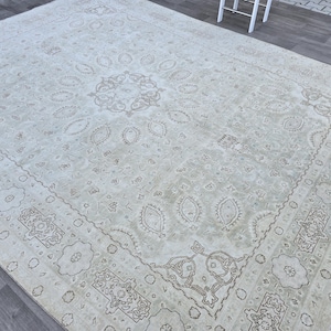 Turkish Vintage Neutral Rug 10x12, Hand Knotted Wool Rug 9x12, Rug For Living Room, Large Area Rug, Muted Oushak Rug, Beige Brown Green Rug