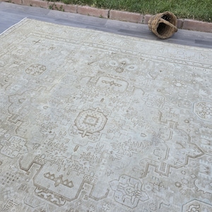 10X13 Teppich Vintage, Türkischer Teppich, Teppich Für Wohnzimmer, Beige Braun Blau, Wollteppich, Wollteppich, Übergroßer Teppich Gedämpft