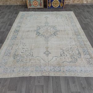 8x11 Neutral vintage rug, Turkish Oushak rug, Navy blue bordered rug,  Large area rug, Beige pale navy blue rug, Muted rug, Dining room rug