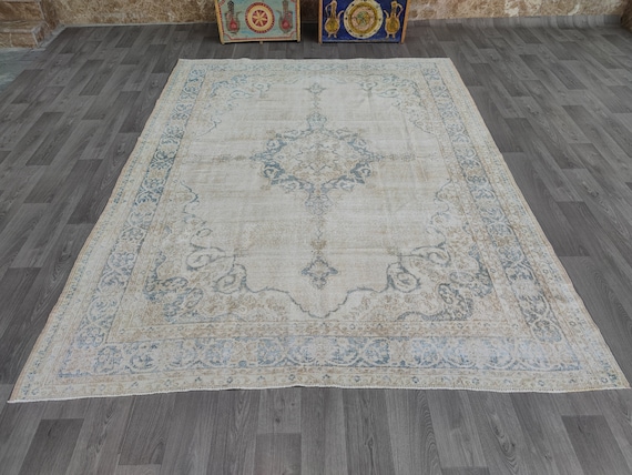8x11 Neutral vintage rug, Turkish Oushak rug, Navy blue bordered rug,  Large area rug, Beige pale navy blue rug, Muted rug, Dining room rug