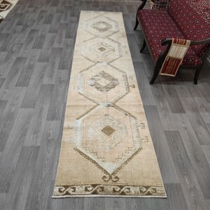 3x14 Long Runner, Neutral Vintage Runner, Beige Tan Runner, Muted Oushak Runner, Hall Kitchen Runner, Handmade Wool Runner, Low Pile Runner