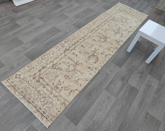 Vintage Turkish Runner Rug, 2x10 Wool runner rug, Runner rug for kitchen and hallway, Faded rug, Neutral Runner