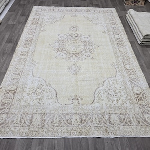 7x10 Rug Vintage, Turkish Area Rug, Neutral Rug 7x10, Bedroom Rug, Beige Brown Gray Rug, Handmade Wool Rug, Oushak Rug, Muted Rug, Boho Rug