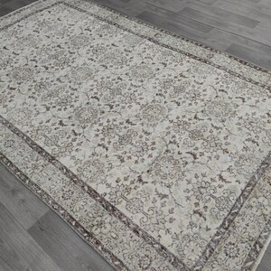 Vintage 6x10 Rug, Neutral Handmade Wool Area Rug, Ivory Beige Brown Rug, Distressed Persian Style Carpet, Living Room Bedroom Decor Rug