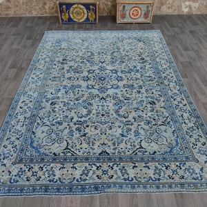 8x11 Oversize blue Turkish rug, Muted rug, Rug for living room, Oushak area rug, Handmade wool carpet, Home decor rug
