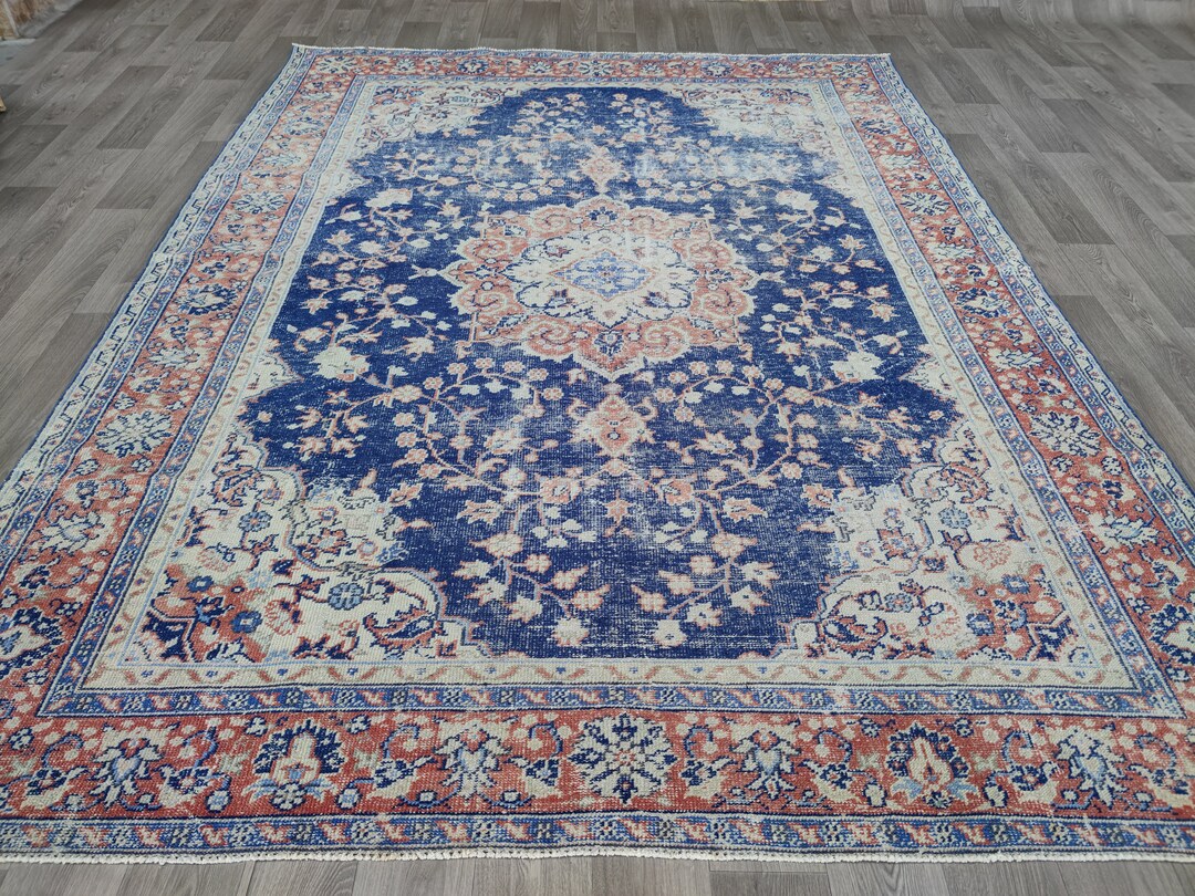 8x10 Turkish Vintage Rug, Large Pale Blue Rug, Hand Knotted Rug, Living ...
