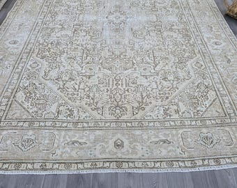 Heriz Rug 9x12, Vintage Neutral Oushak Rug, Oriental Antique Wool Rug, Living Room Rug, Oversized Area Rug, Bedroom Rug, Muted Rug,Pale Rug