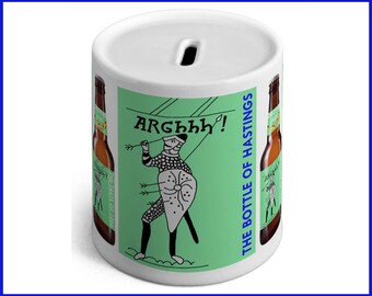 Souvenir piggy bank celebrates The Bottle of Hastings 1066 and Old English ale