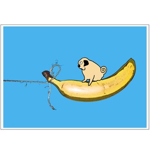 Bon voyage! The Pigeon-Towed Pug cartoon wall art print for framing
