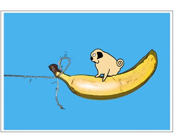 Bon voyage! The Pigeon-Towed Pug cartoon wall art print for framing