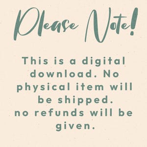 Puede incluir: Fondo color crema con texto turquesa que dice "Please Note!" seguido de detalles sobre una descarga digital. El texto indica que no se enviar&aacute; ning&uacute;n art&iacute;culo f&iacute;sico y no se realizar&aacute;n reembolsos.