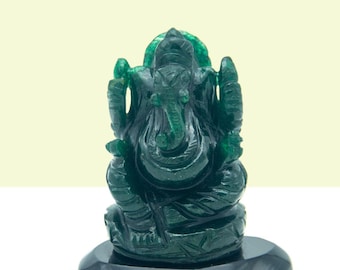 Idolo di Ganesha in avventurina verde intagliato a mano / Scultura decorativa