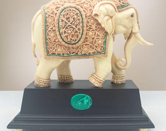 Hand-Carved Resin Elephant Statue with Malachite | Unique Tabletop Decorative Showpiece