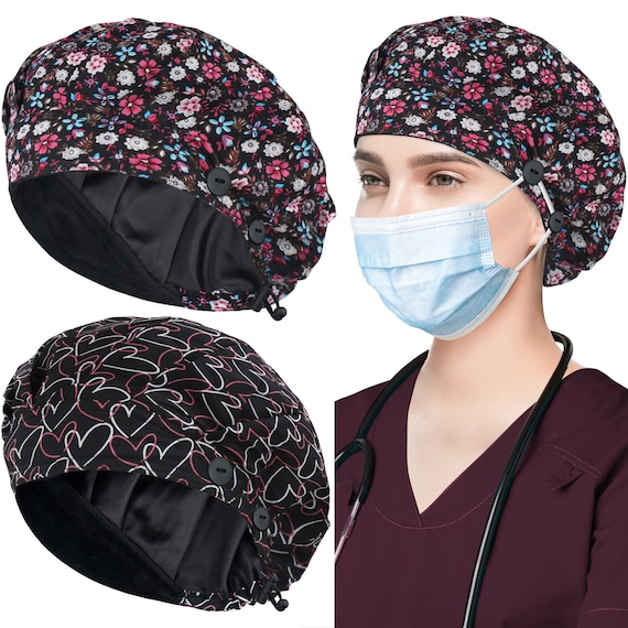 Satin Lined Scrub Caps With Button and 