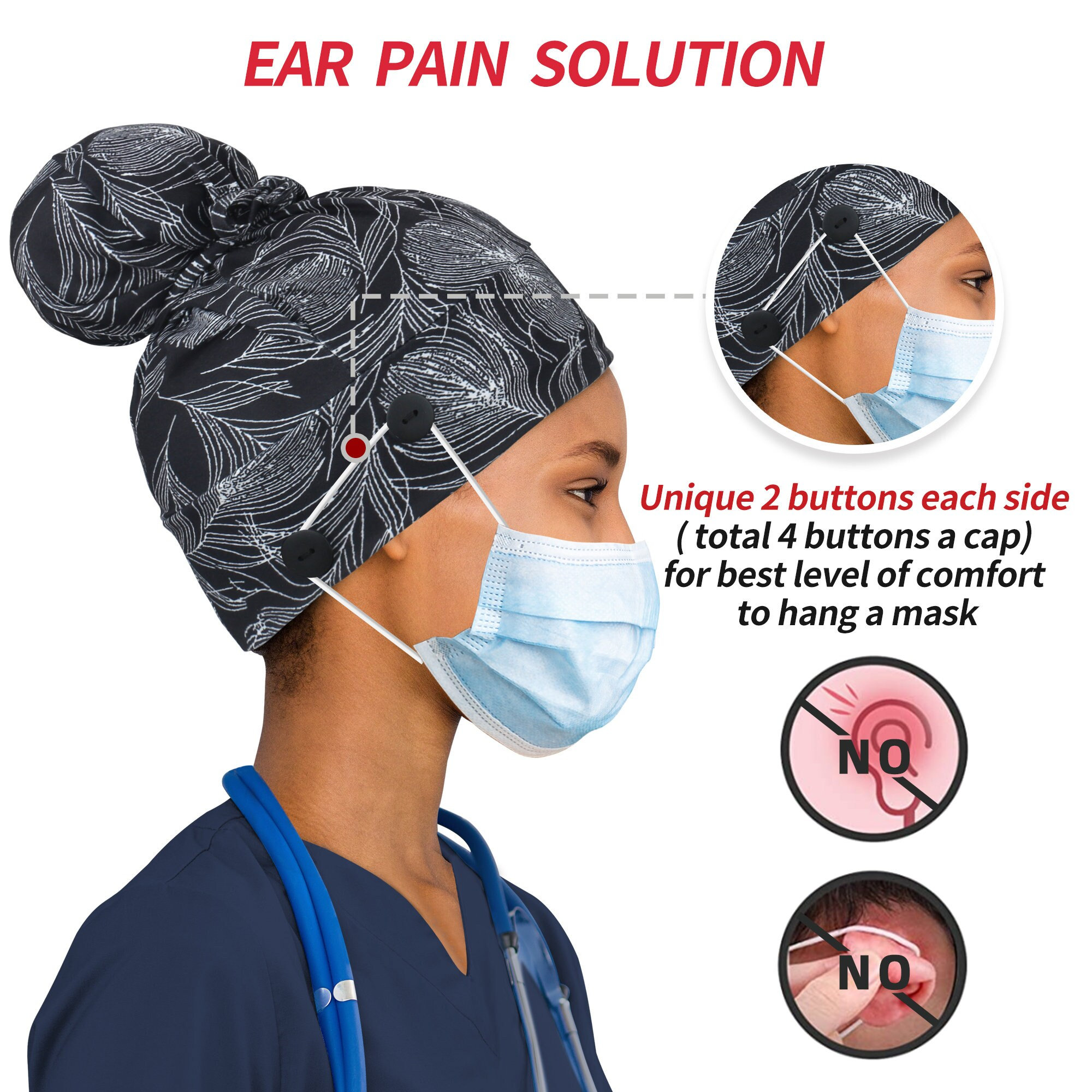 Women's Scrub Cap With Buttons for Mask 