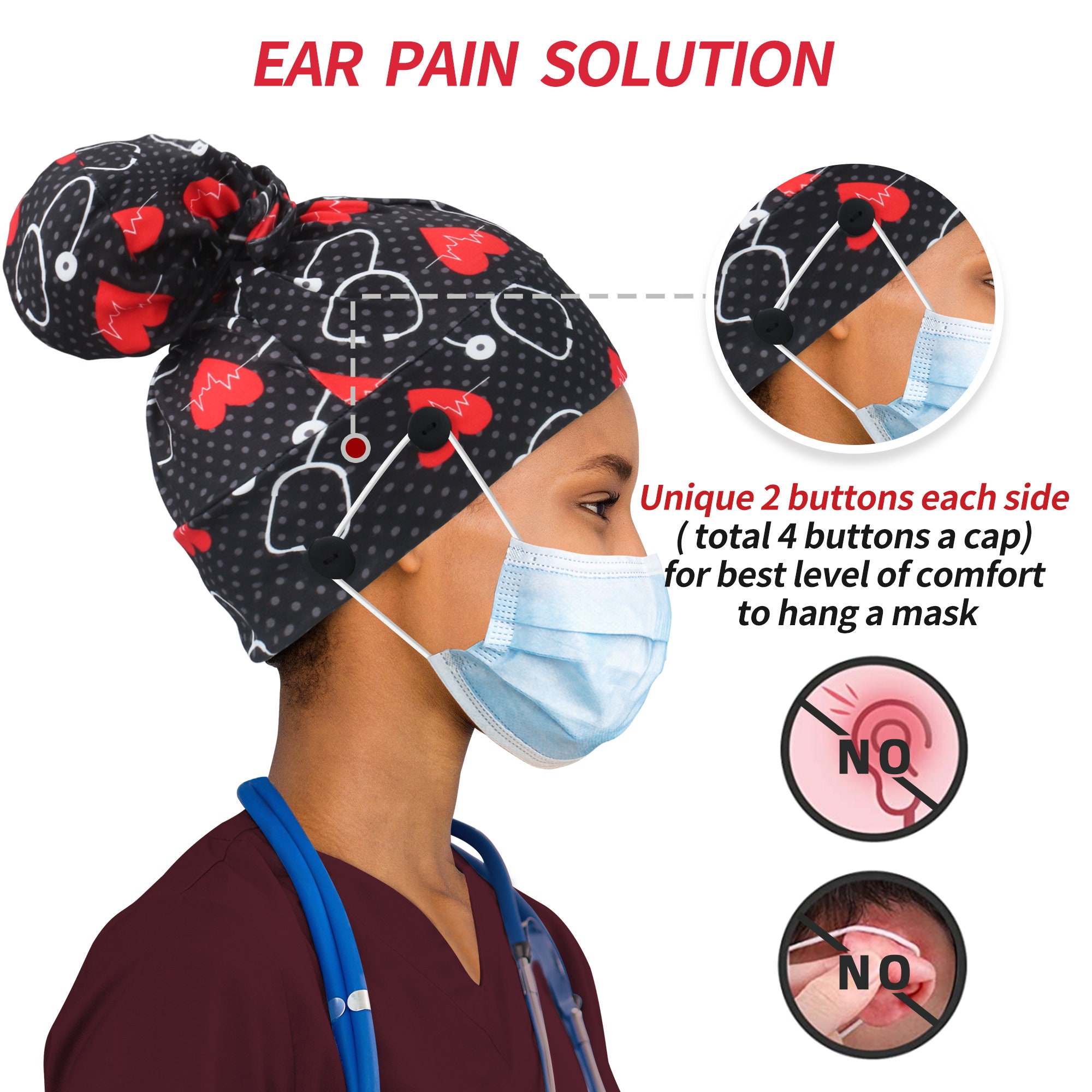 Women's Scrub Cap with Buttons for Mask Nurses Hat for Etsy