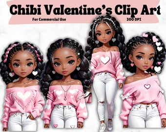 Chibi Girls Clipart, Chibi Clipart Doll, Chibi Love Clipart, Chibi Black Girl, Valentine's Clipart, Valentine's Chibi PNG