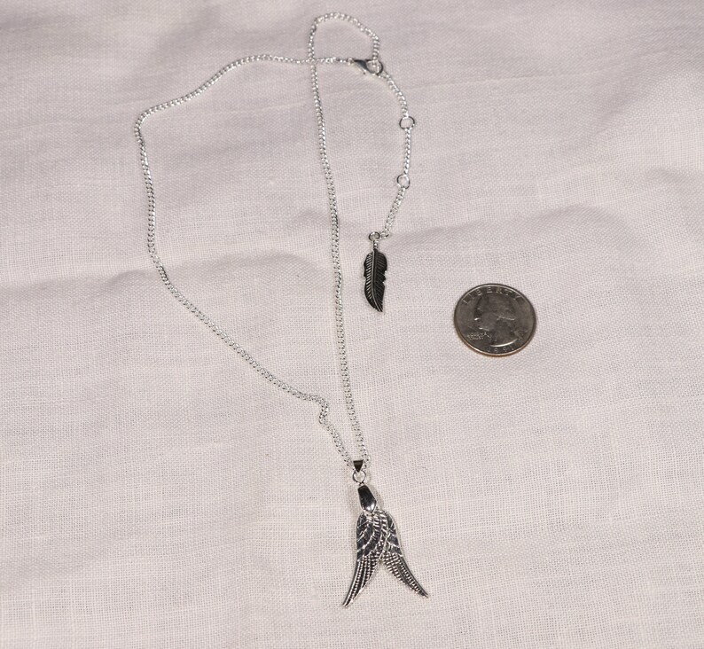 Detailed Double-Sided Silver Wing Pendants Hung on Bright Silver Curb Chain with Feather Pendant Angel Jewelry Pair of Wings Necklace