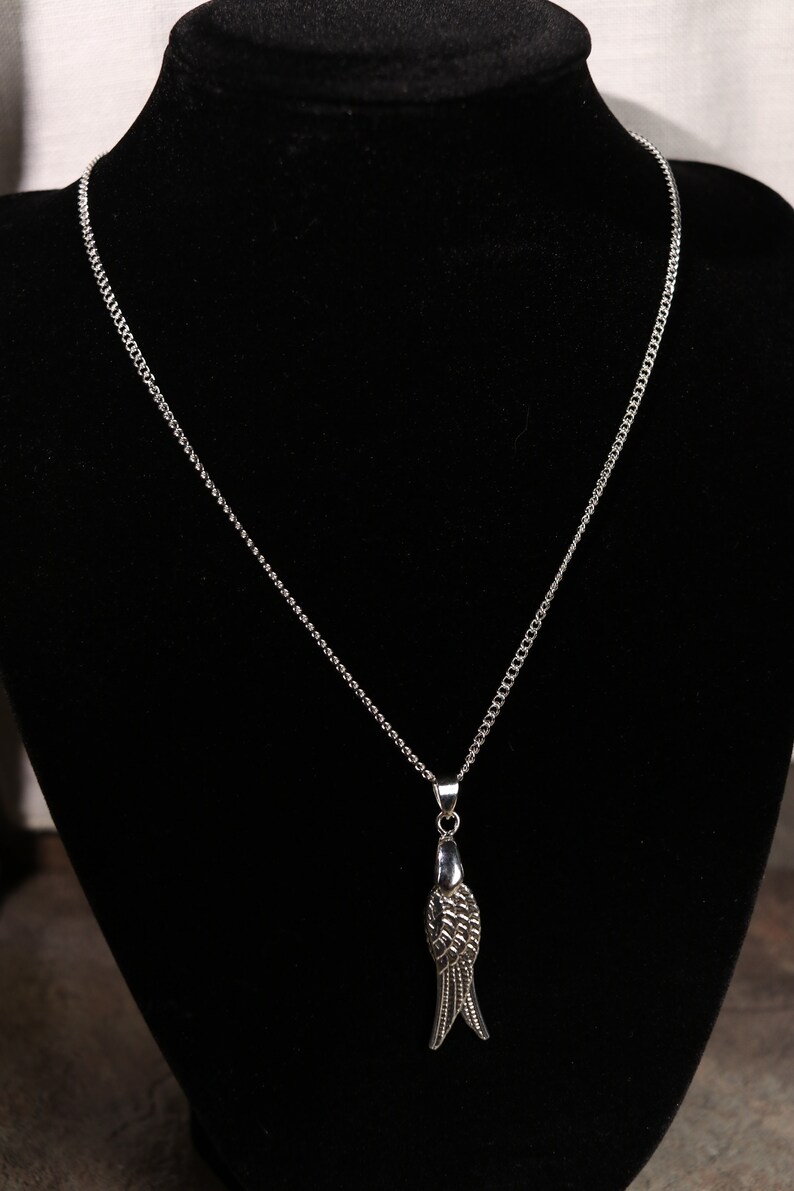 Detailed Double-Sided Silver Wing Pendants Hung on Bright Silver Curb Chain with Feather Pendant Angel Jewelry Pair of Wings Necklace