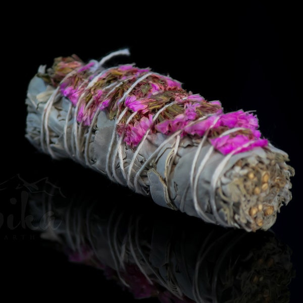 Pink Sinuata Flowers with White Sage Smudge Stick Incense